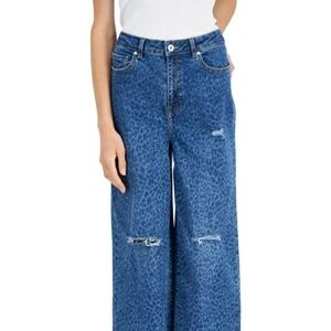 INC Denim Wide Leg Jeans Trendy Distressed Leopard Print Blue‎ Size 14 NWT